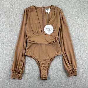 Princess Polly Bodysuit Womens 4 Brown Jude Long Balloon Sleeve Deep V Neck